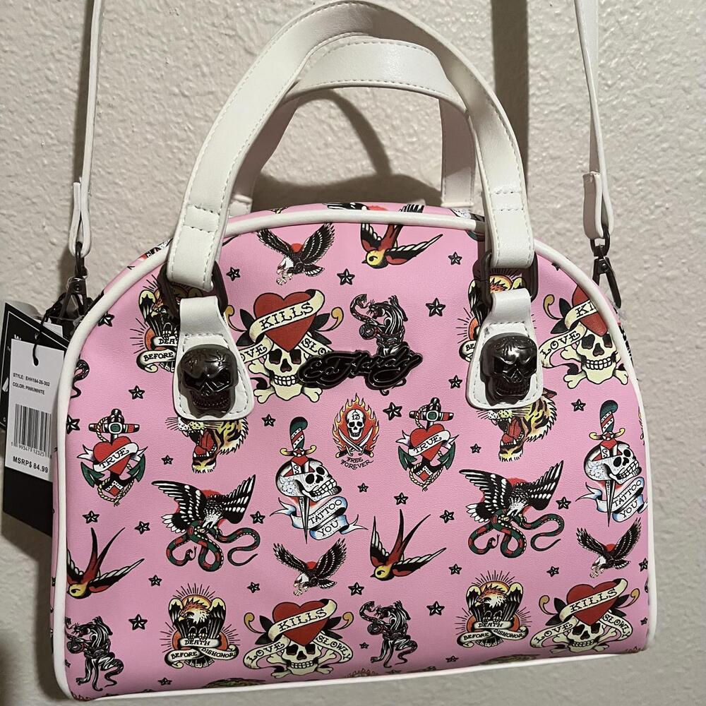 Ed Hardy Pink and White Tattoo Print Handbag